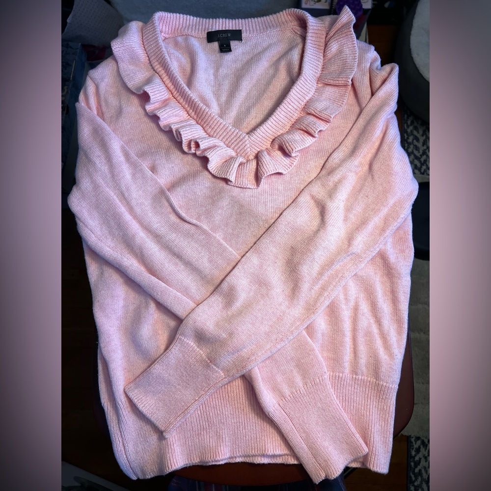 J. Crew Pink Ruffle V-Neck Sweater